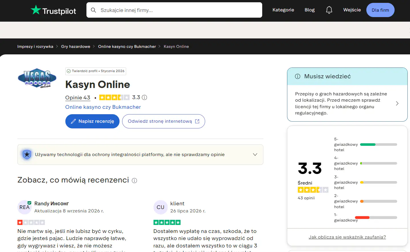 Aktualna strona opinii Vegas Casino Online na Trustpilot