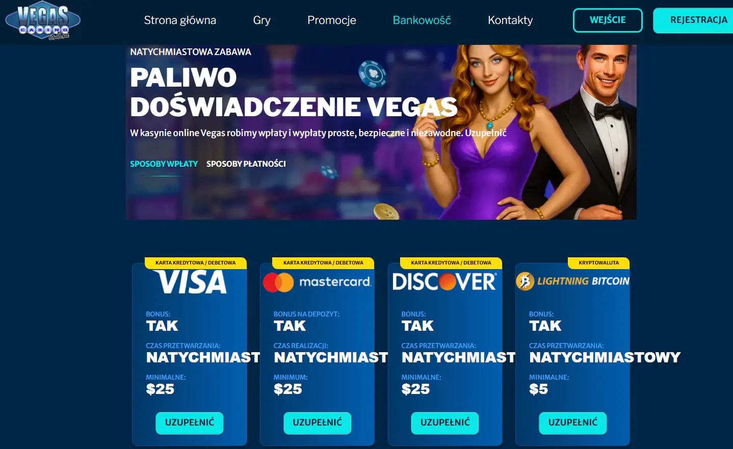 Oficjalna lista metod depozytowych Vegas Casino Online