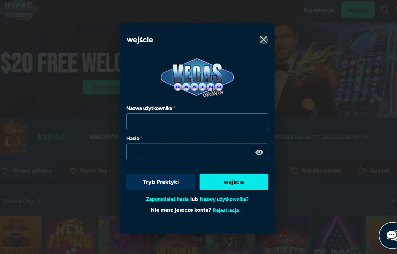 Ekran rejestracji lub logowania Vegas Casino Online