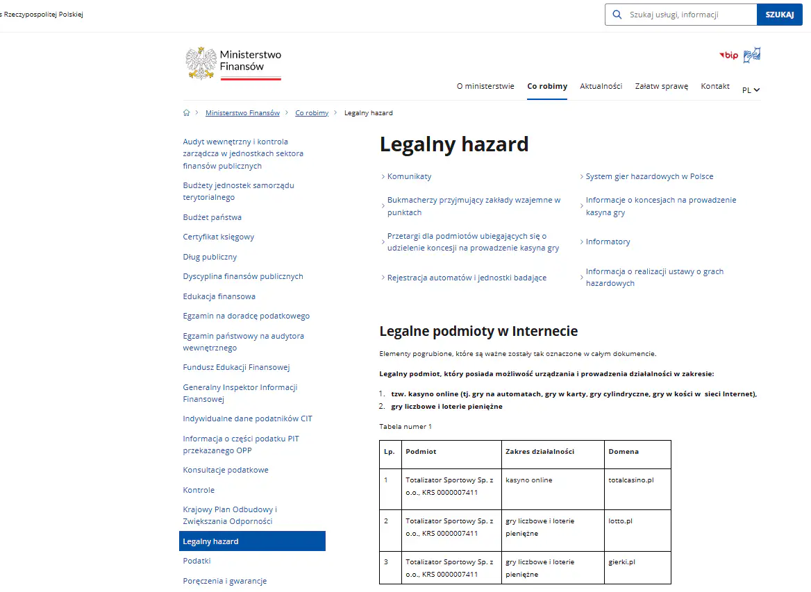 Oficjalna strona Ministerstwa Finansów dotycząca legalnego hazardu internetowego w Polsce