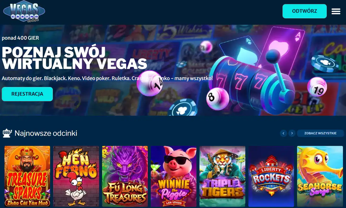 Lobby gier Vegas Casino Online z automatami i sekcją jackpotów