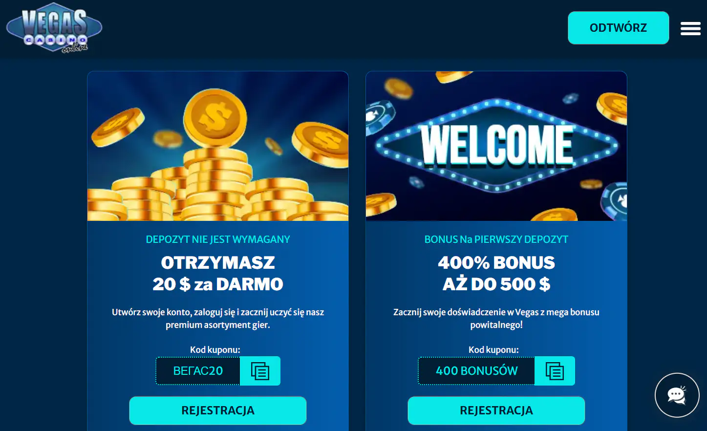 Aktualna sekcja promocji Vegas Casino Online z kodami bonusowymi