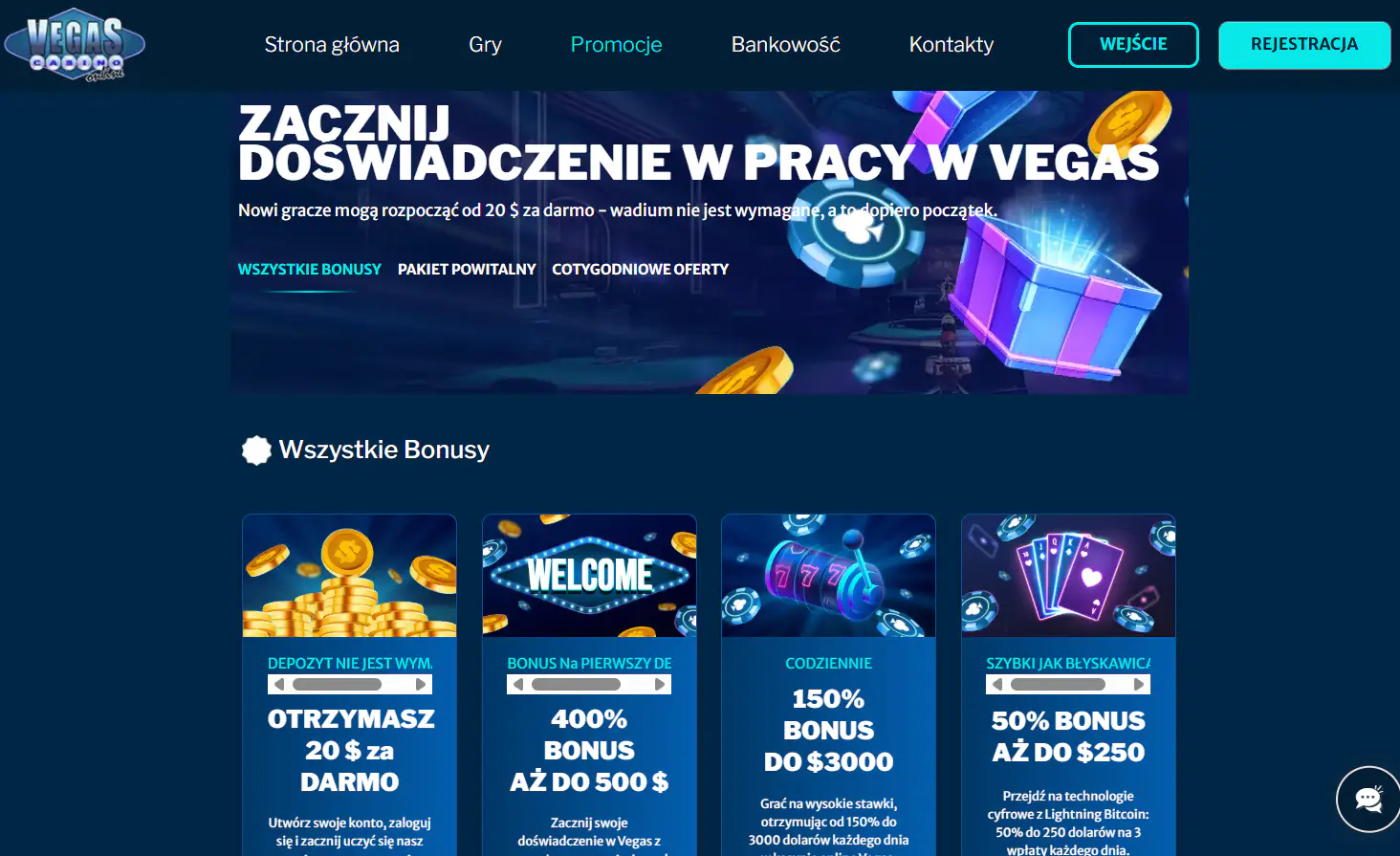 Sekcja aktualnych promocji Vegas Casino Online