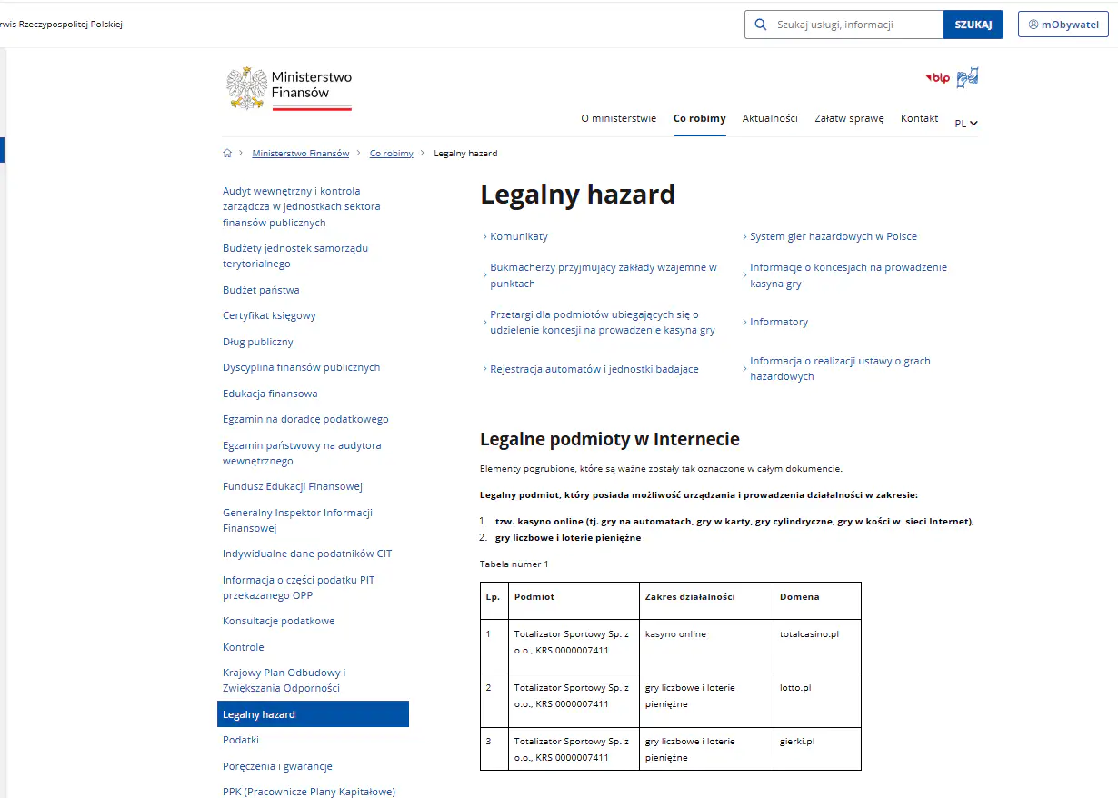 Oficjalna strona Ministerstwa Finansów dotycząca legalnego hazardu internetowego w Polsce